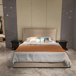 Panel-Stitched Leather Bed with Top Strap Details and High-Gloss Wooden Sides
